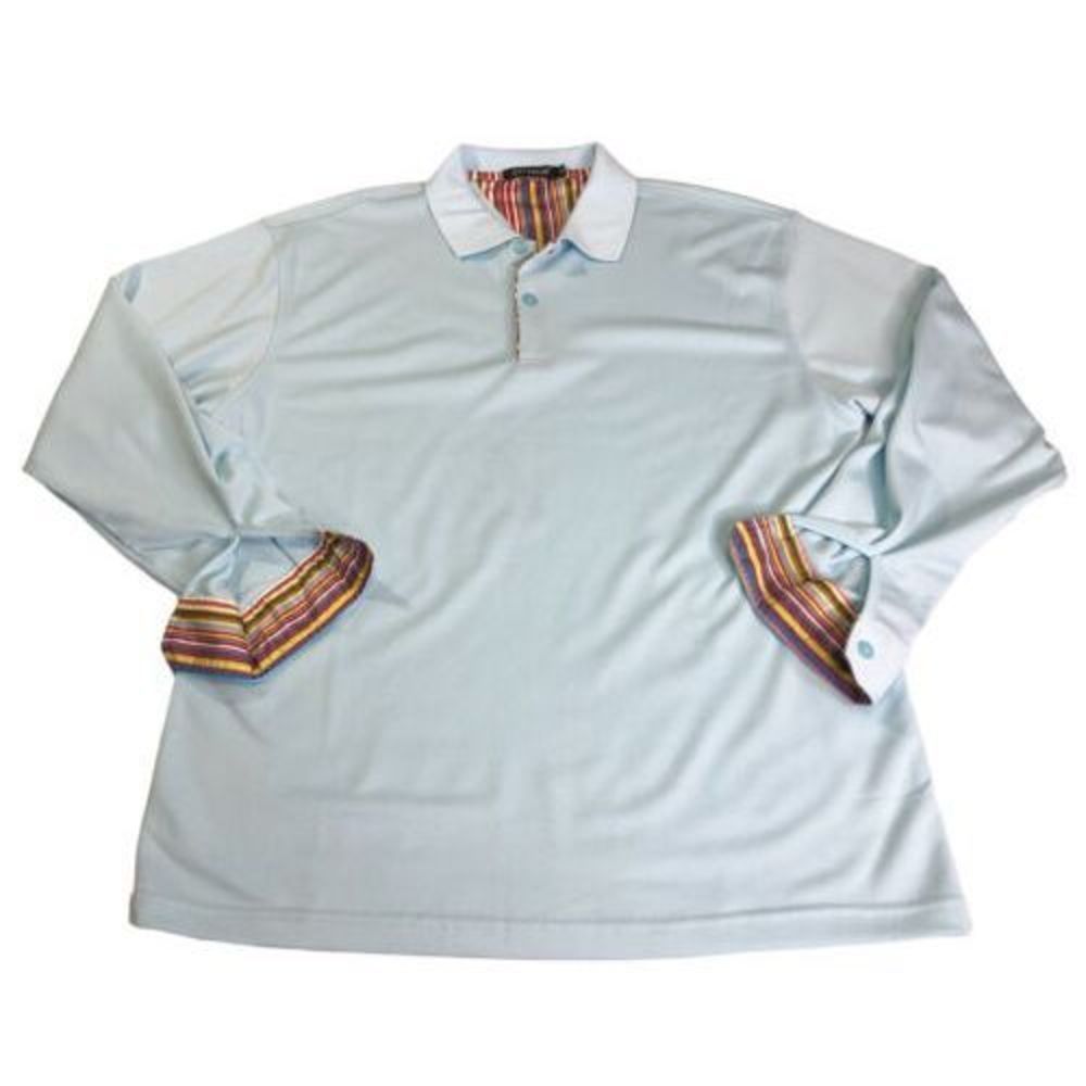 City Focus Men's Long Sleeve Polo Size XL Light Blue Stripe Button Cuffs